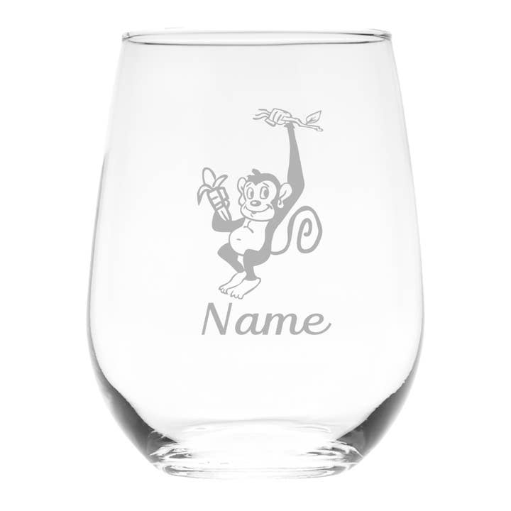 Monkey with Name Custom Stemless Wine Glass, 17 oz for wholesale by C&M Personal Gifts