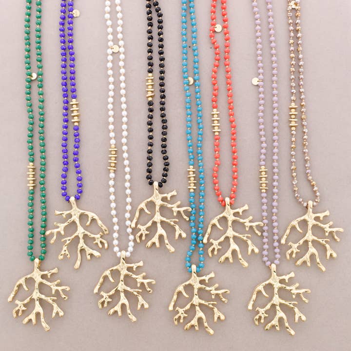 Sonata - Wholesale Snap Jewelry - Long Faceted Crystal Necklace with Coral Metal Pendant3