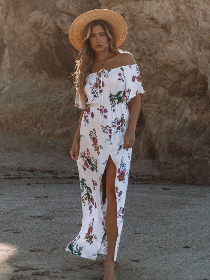 Vanilla Combo Floral Halter Neck Off The Shoulder Maxi Dress for wholesale on Faire