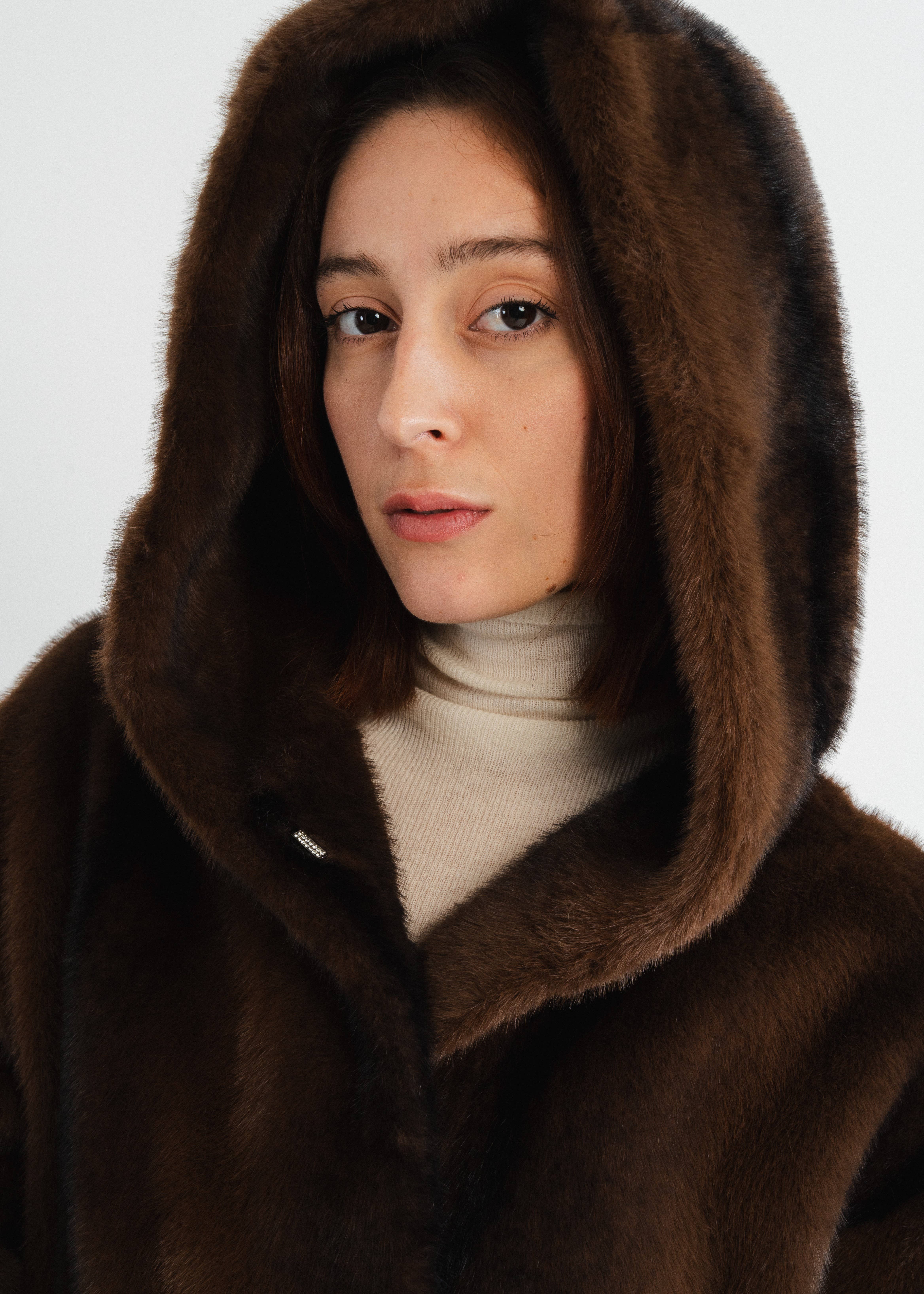 Brown Mid-length coat with faux fur hood for wholesale on Faire4