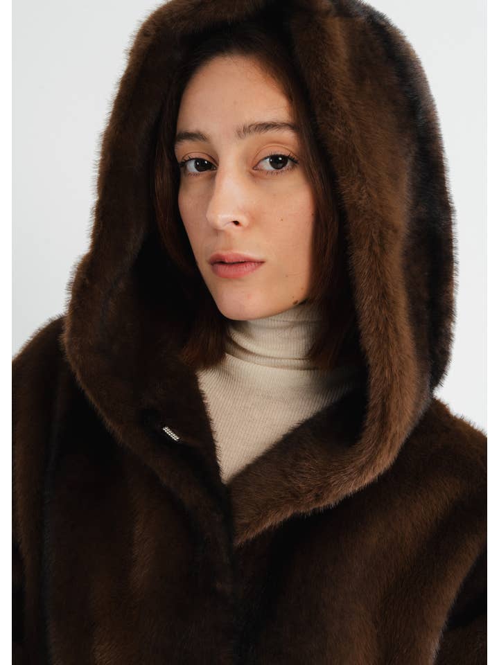 Brown Mid-length coat with faux fur hood for wholesale on Faire4