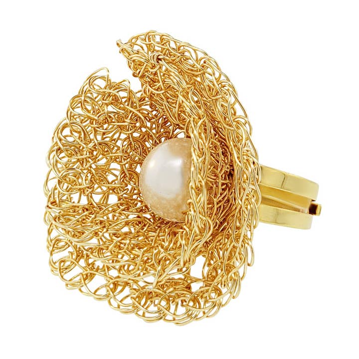 Pearl & Gold Reef Handmade Crochet Ring for wholesale by Lavish By Tricia Milaneze