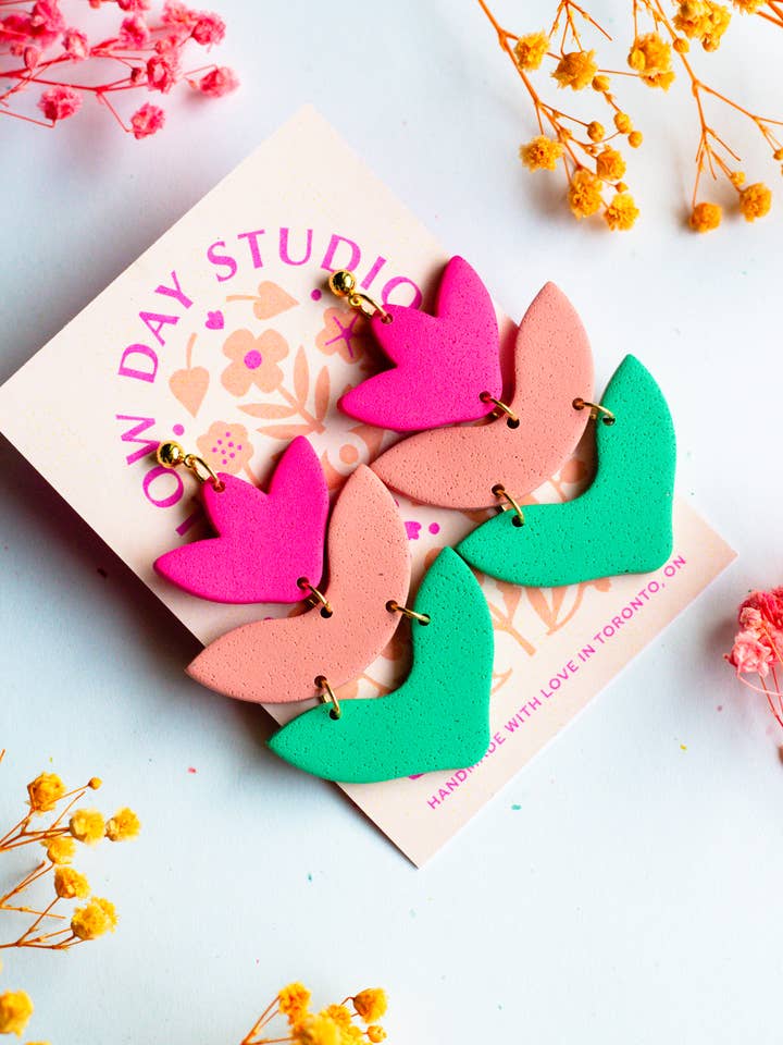 Statement Spring Tulip Polymer Clay Colourblock Dangles for wholesale by Slow Day Studios