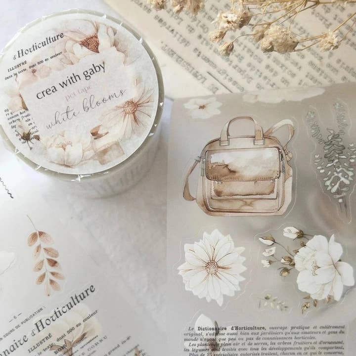 Förskuren PET-tejp med blommor: Kollektion med vita blomster för wholesale av Crea with Gaby