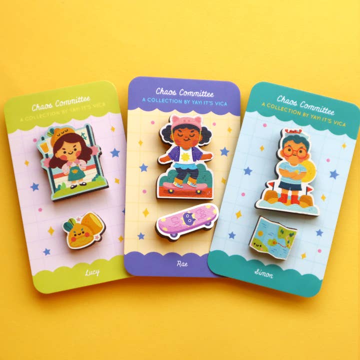 Chaos Committee Kids Wooden Pins for wholesale by Yay! It's Vica