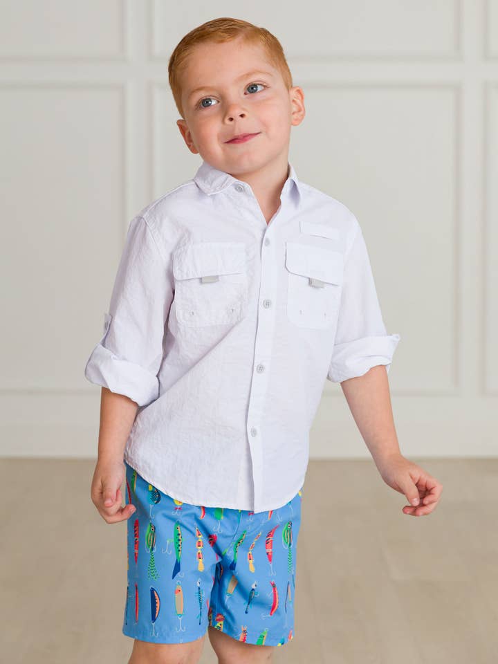 Blue Boys Gone Fishin Swim Trunks for wholesale on Faire