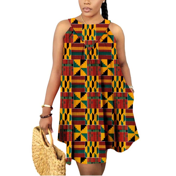 Mini vestidos de verão africanos para mulheres, vestido em tecido wax estampado Kente Ankara, sem mangas, estilo boémio, traje casual e elegante para casamento por atacado de Queenshopbeauty
