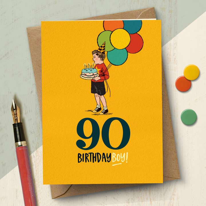 YAH90 90 Birthday boy, 90th birthday card for him for wholesale by The Typecast Gallery