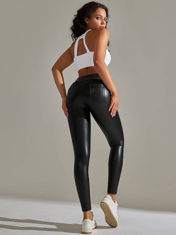 React Activewear - Wholesale Fashion Leggings - Women's - Kenna Vegan Leather Leggings - Black