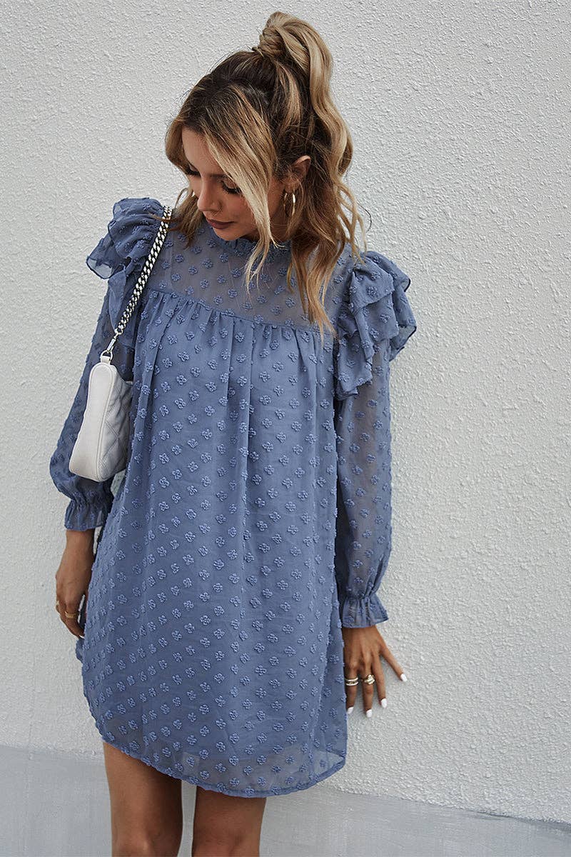 Supreme Fashion - Wholesale Dress - Women's - Swiss Dot Ruffled Sleeve Mock Neck Loose Dress2