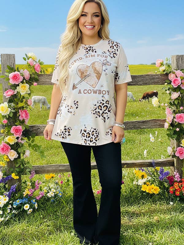 Western leopard & heart short sleeve women t-shirt XCH14648 for wholesale by luluclothes