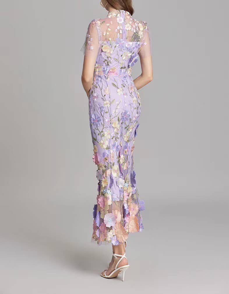 Productseeker - Wholesale Formele jurk - Dames - DR0270Y elegante avondjurk met bloemen in mesh en visstaart5