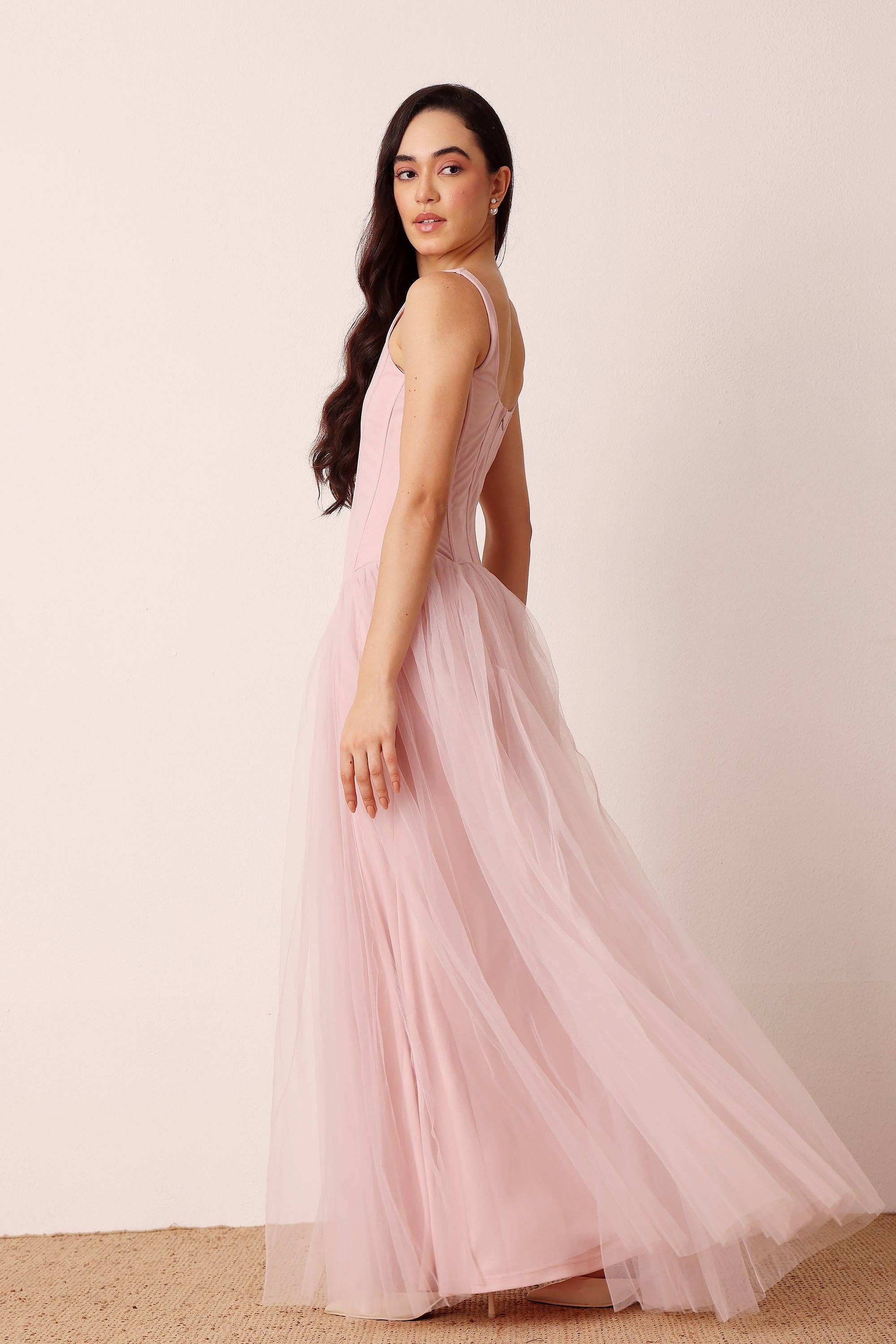 Quest Corset Maxi Dress in Powder Pink for wholesale on Faire5