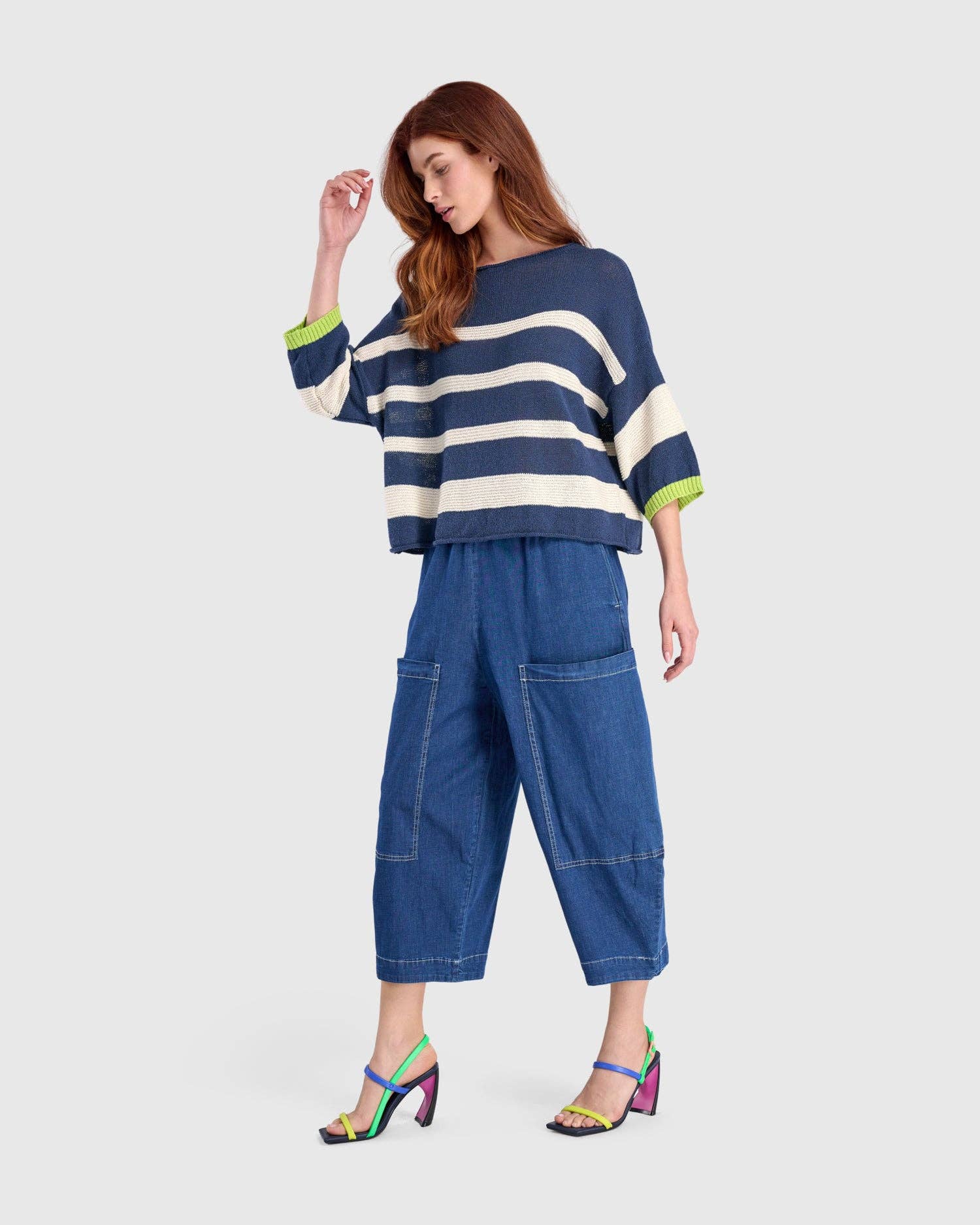 lime Boxy Stripes Sweater, Blue/Cream for wholesale on Faire5