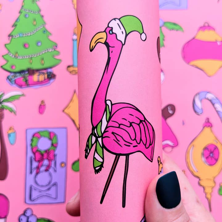 Mary Felker Art and Design - Wholesale Flat Wrap - Flamingo Pink Christmas Wrapping Paper, Colorful Gift Wrap