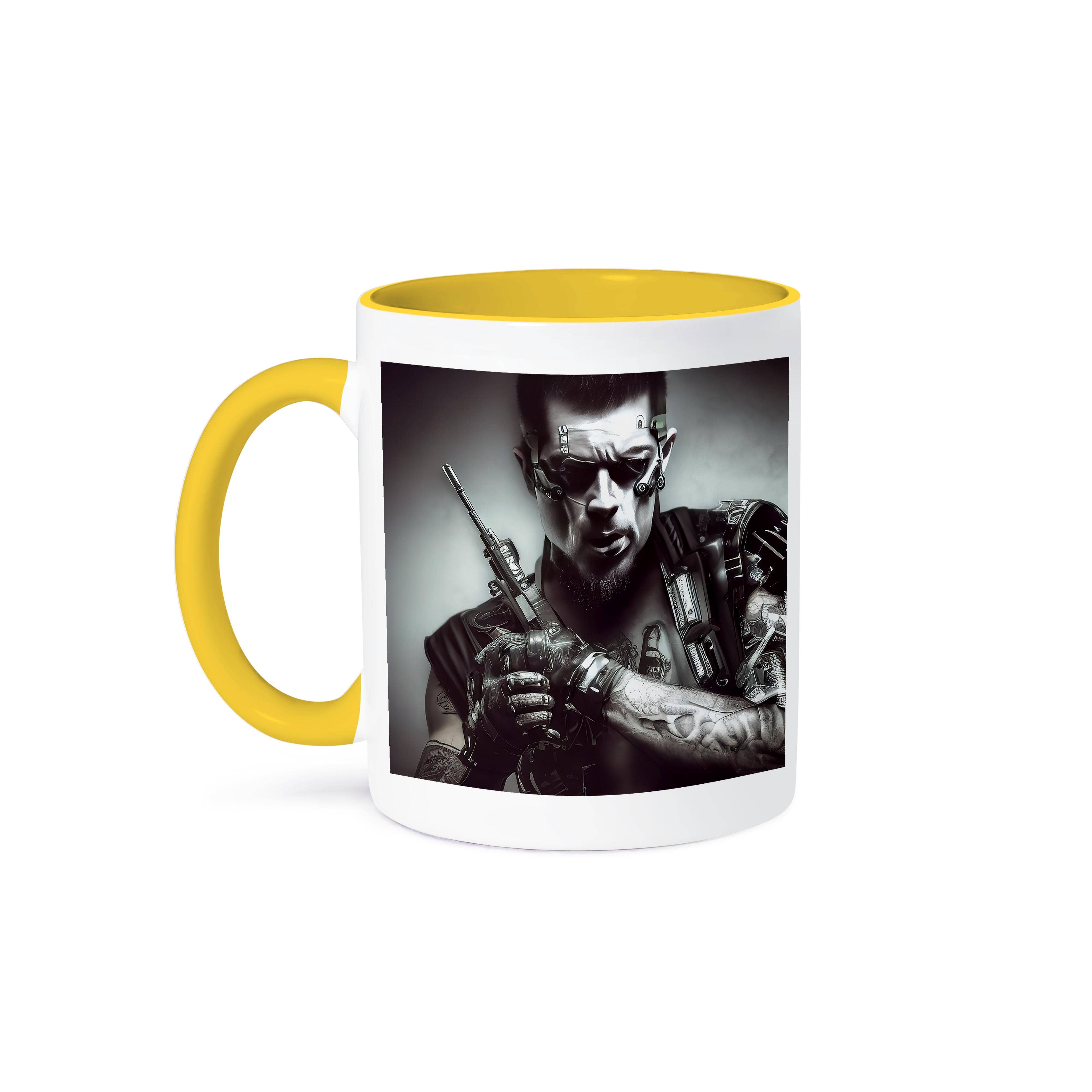 3dRose – Großhandel Kaffeebecher – 3dRose, Tätowierter Mann Cyberpunk-Cyborg mit einem fantastischen Gerät in der Hand, Tasse0