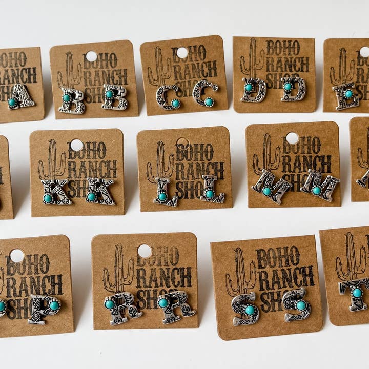 Boho Ranch Shop - Wholesale Stud/Post Earrings - Western Stamped Initial Studs Earrings