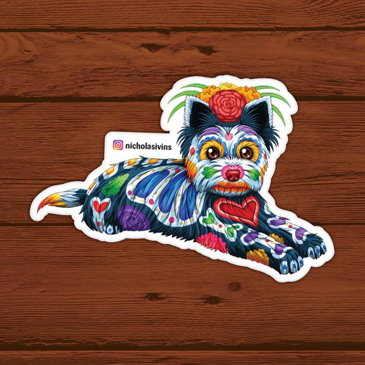Day of the Dead Dog Yorkshire Terrier Sticker - “Filipo” for wholesale by Nicholas Ivins Art & Illustration