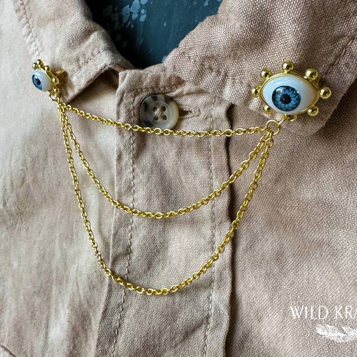 Gold Plated Blue Eye Brooch – Handmade Chain Collar Jewelry for wholesale by Wild Kraukle