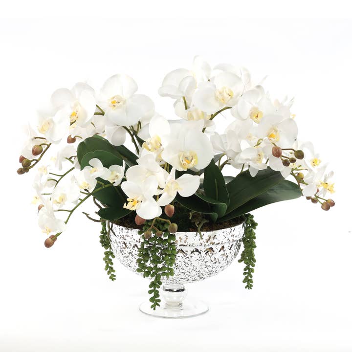 Arrangement d'orchidées blanches artificielles dans un vase en verre argenté antique pour la vente par JENNY SILKS
