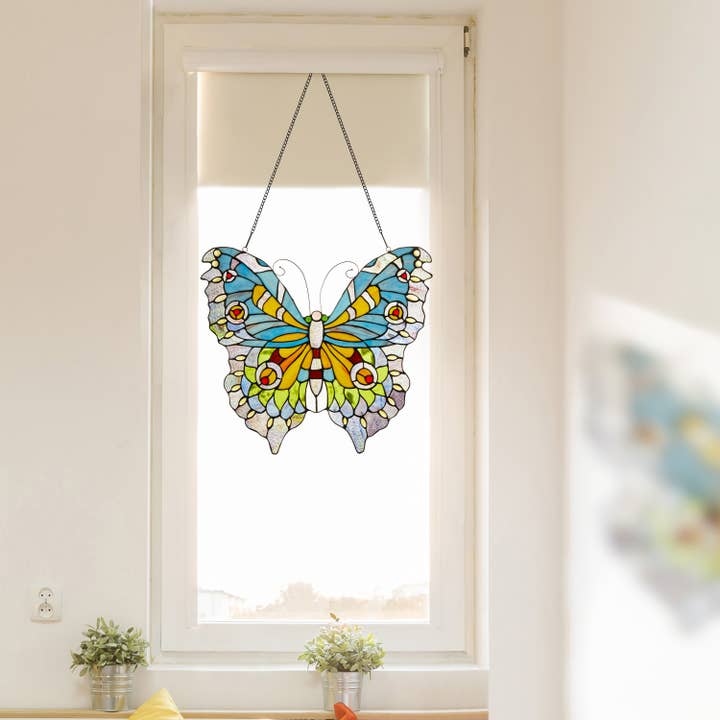 20.5"H Luisa Blue, Yellow & Green Butterfly Window Panel for wholesale by River of Goods