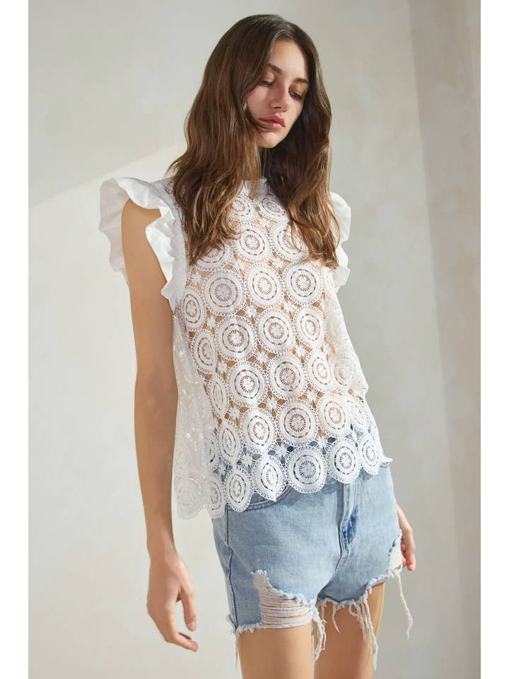 Oddi - Wholesale Blouse - Women's - Plus Crochet Lace Flutter Short Sleeve Top