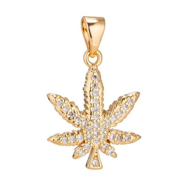 18K Gold Filled Marijuana Leaf Six Leaves Weed Necklace Pendant Micro Pave Leaf Char H-914 for wholesale by Aim Eternal