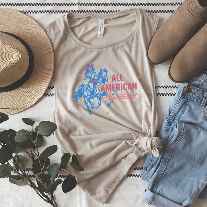 Trendznmore - Modern Graphic Apparel - Wholesale Tank top – Women′s - Western All American Sweetheart Patriotic BC Muscle Tank Top1