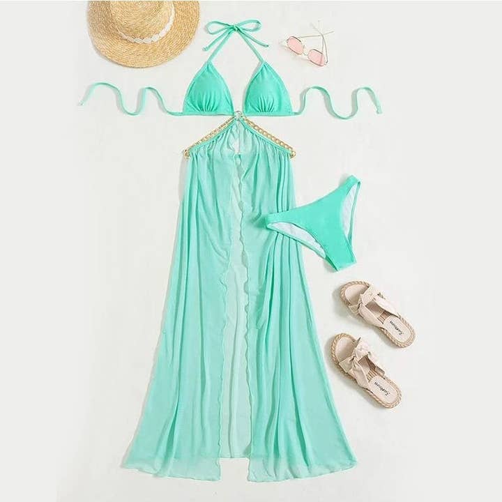 Ekartini - Wholesale Two Piece Swimsuit - Women's - Solid Color Halterneck Backless Bandage Metal Chain Patchwork Chest Padd Hollow Dress And Briefs Two Pieces Tankini Swimsuit2