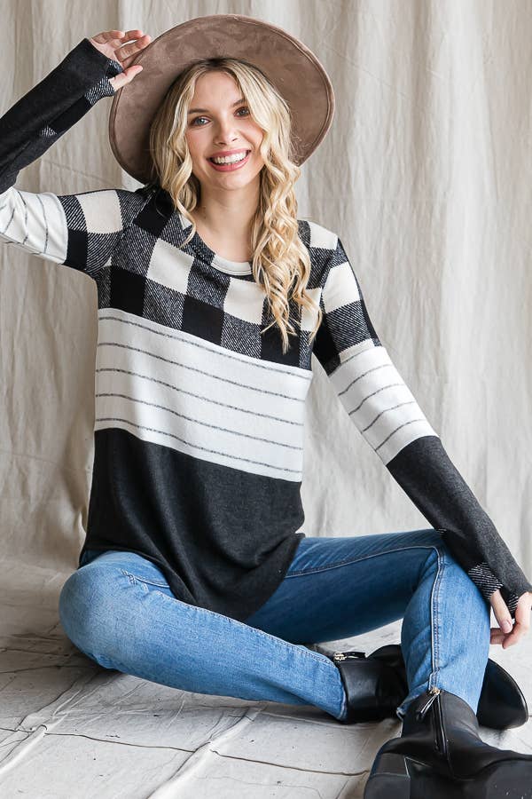 7th Ray - Wholesale Knit Top - Women's - Cozy Color Block Plaid Striped Thumbhole Pullover TopT4423-1