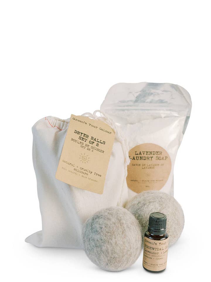 Lavender Laundry Set (laundry soap, 2 dryer balls, for wholesale by Green's Your Colour Inc.