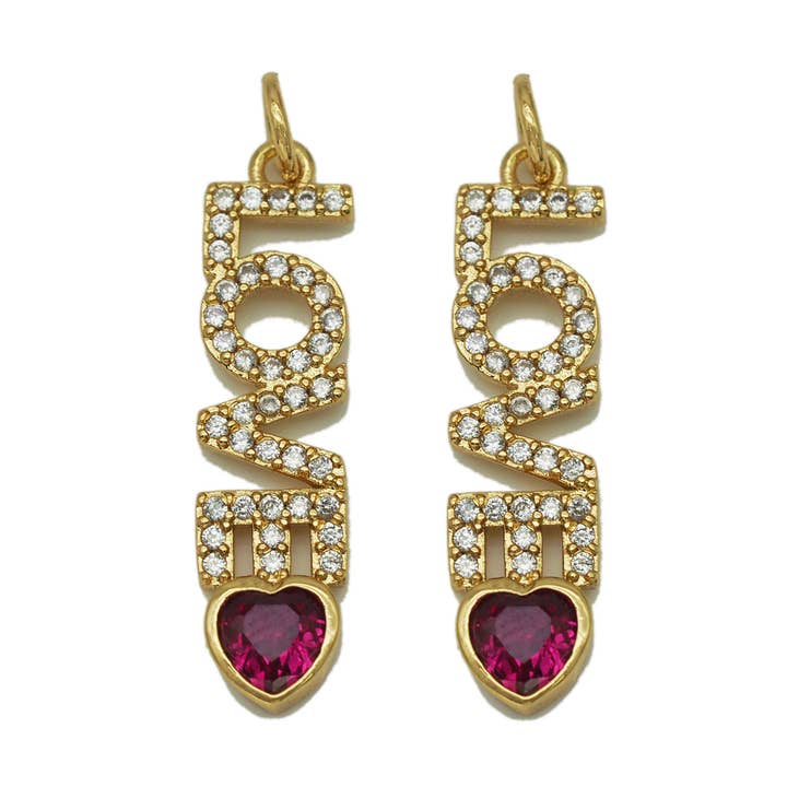 Gold Fichsia Heart CZ Liefdeswoorden Charme, Sku #F1498 voor wholesale door BestBeads&Beyond