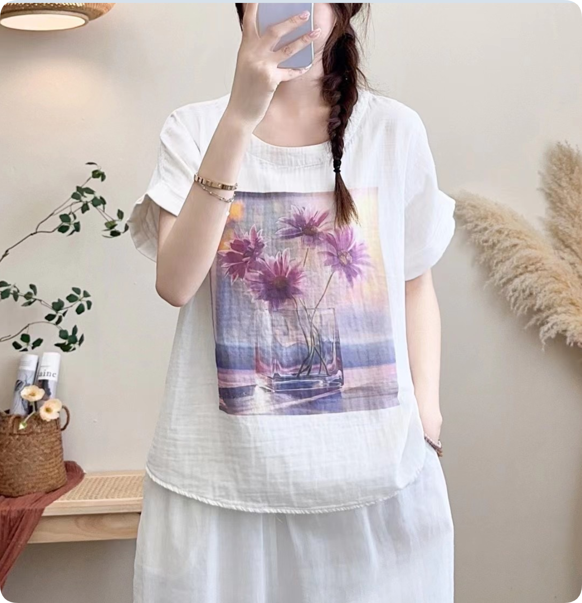 Whisper Mint – Großhandel T-Shirt mit Siebdruck – Damen – Kurzärmeliges T-Shirt aus doppellagiger Baumwolle mit Rundhalsausschnitt und floralem Druck5