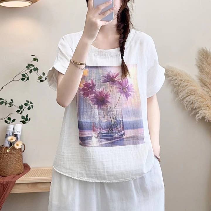 Whisper Mint – Großhandel T-Shirt mit Siebdruck – Damen – Kurzärmeliges T-Shirt aus doppellagiger Baumwolle mit Rundhalsausschnitt und floralem Druck5