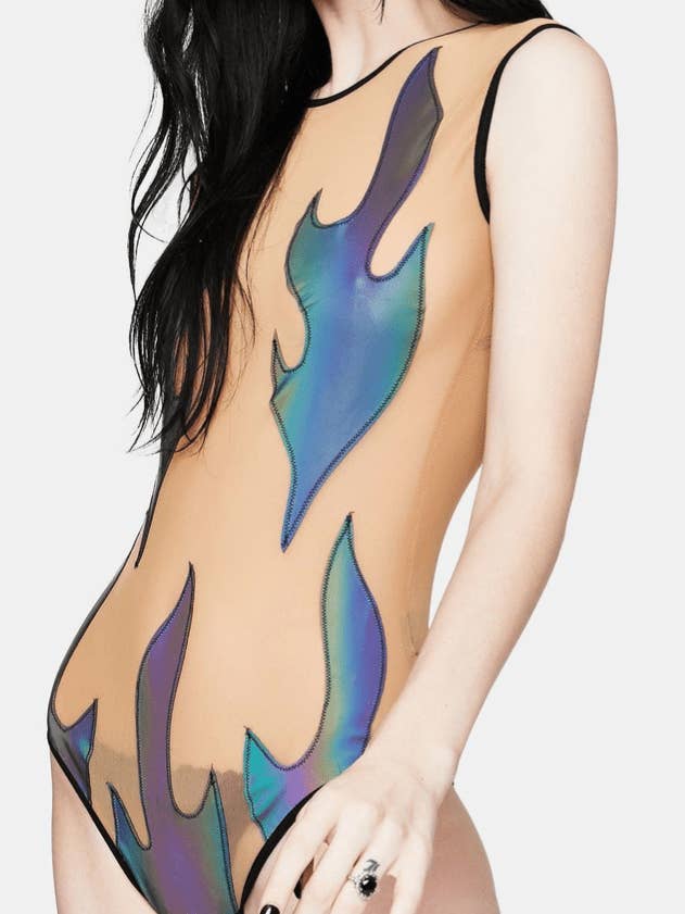 Rainbow Reflective Inferni Black Flame Nude Mesh One Piece BodySuit for wholesale on Faire
