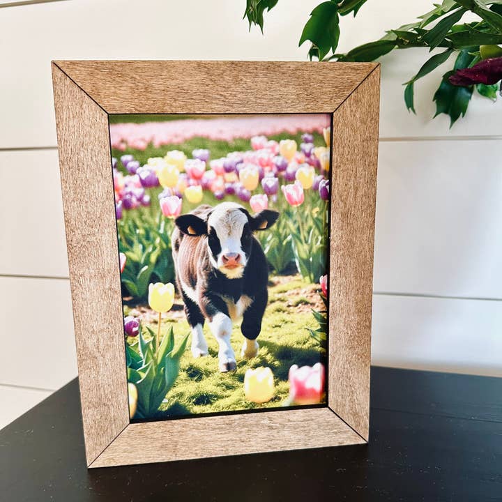 6.5x8.5” Framed Calf in Tulip Field for wholesale by Farmhouse Decor & Co.
