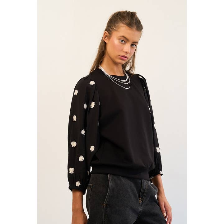 BLACK Embroidered Daisy Balloon Sleeve Knit Top for wholesale on Faire3