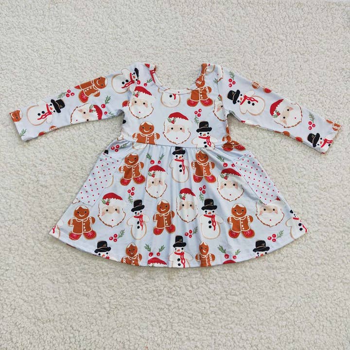 Baby Girls Blue Christmas Snowman Gingerbread Long Sleeve Dr for wholesale by Aier Wholesale