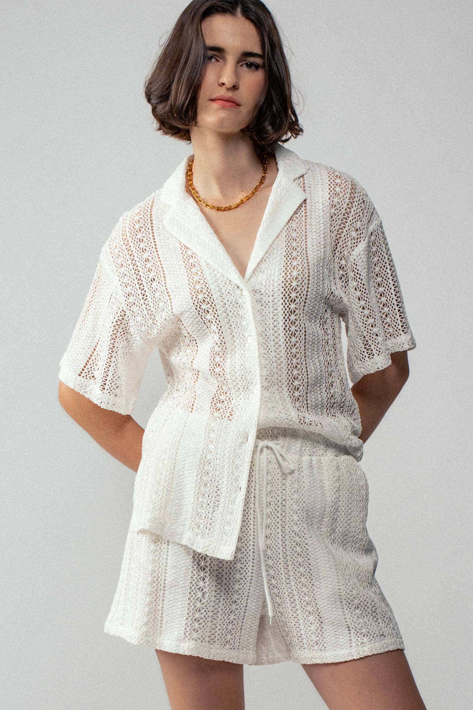 Urban Daizy - Wholesale Button Down Shirt - Women's - Open Knit Button-Down Oversized Shirt4