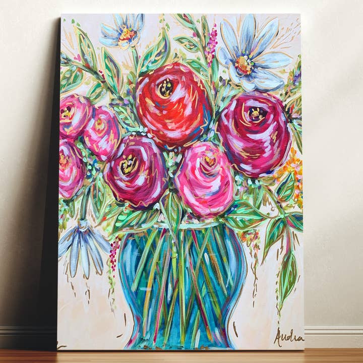 Impression sur toile florale de vase transparent - Peinture d'art de bouquet pour la vente par Audra Style