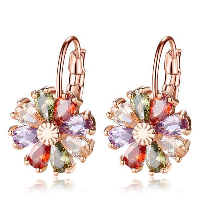 Amy and Annette - Wholesale Dangle Earrings - Multi-Color Flower Drop Leverback Earrings with Swarovski Crystals