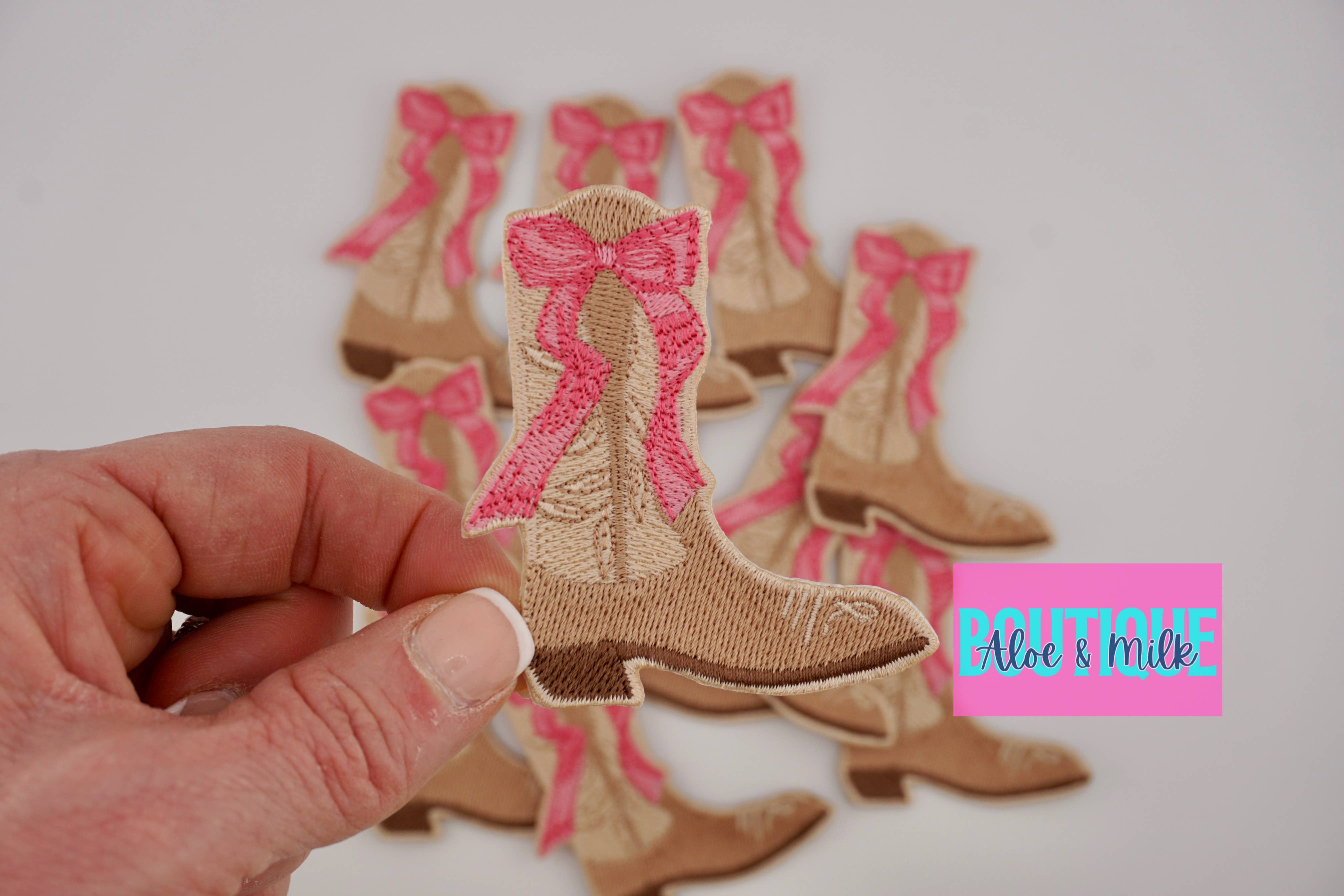 Aloe and Milk Boutique – wholesale Hat accessory – Women's – Boot with bow, western patch, cowgirl, cowboy, texas patch2