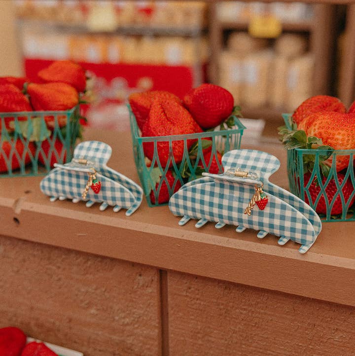 KAXI - Wholesale Hair Clip - Women's - BLUE GINGHAM STRAWBERRY CHARM CLAW10