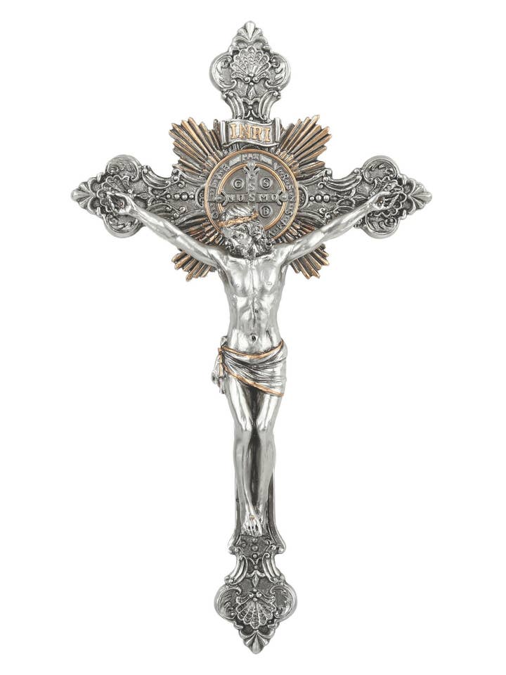 St. Benedict Crucifix in Pewter Style 14" for wholesale by Goldscheider of Vienna