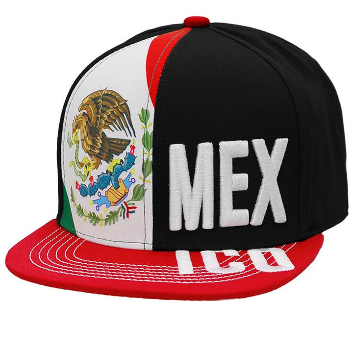 Cap Zone - Wholesale Flat Brim Cap - Unisex - Mexican Flag Coat of Arms Split Flat Bill Snapback