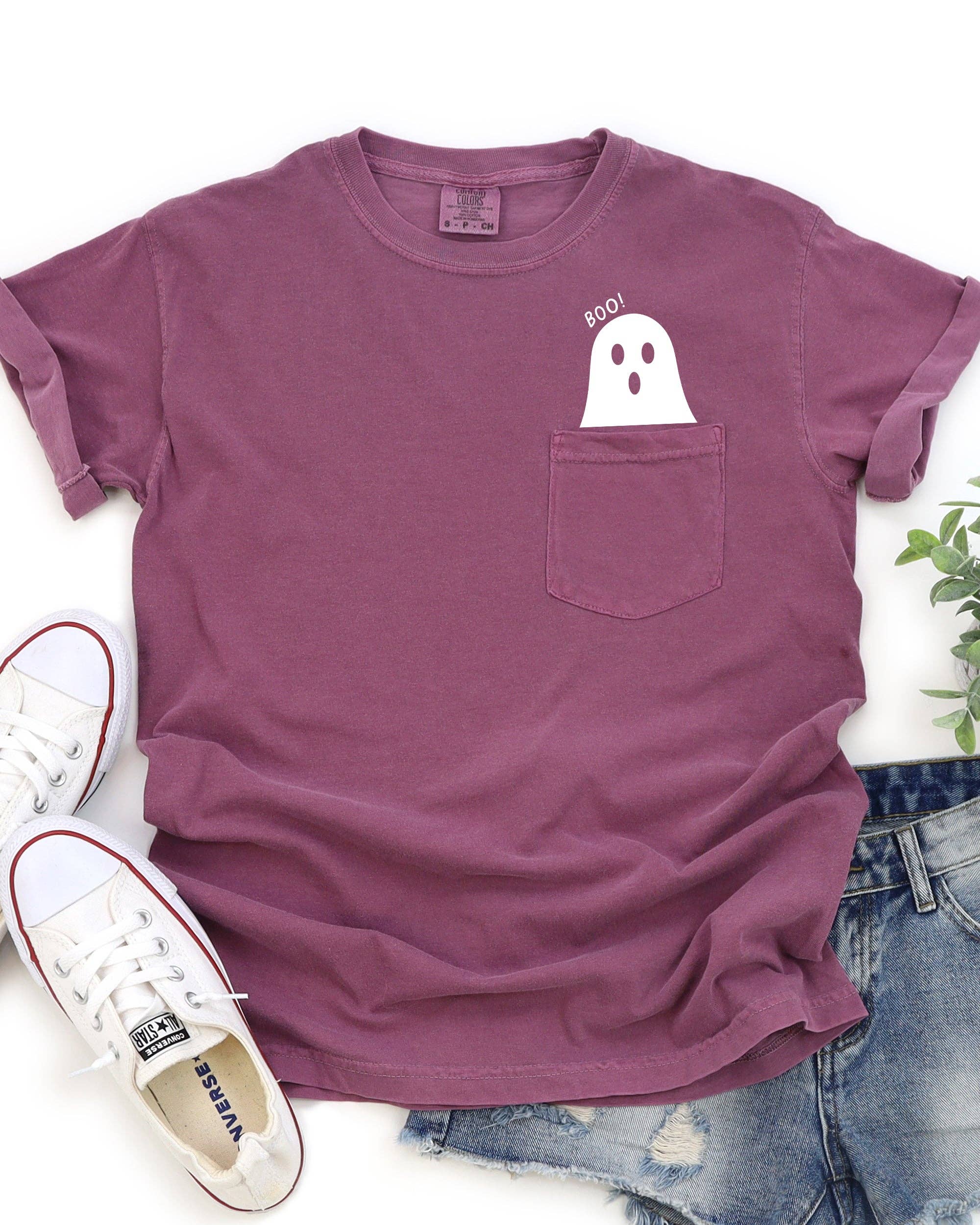 Refinery Number One LLC - Wholesale Screen Printed T-Shirt - Women's - Boo Ghost Halloween Pocket, Cute, Skeleton, Ghost Tee0