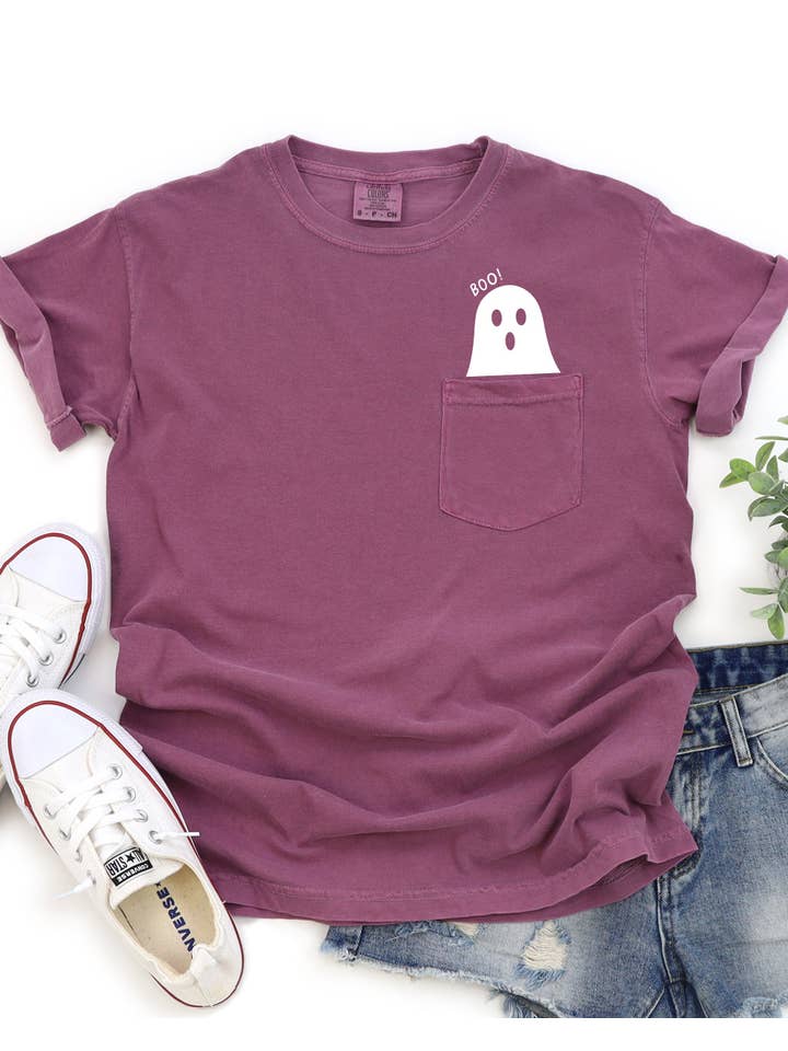 Refinery Number One LLC - Wholesale Screen Printed T-Shirt - Women's - Boo Ghost Halloween Pocket, Cute, Skeleton, Ghost Tee