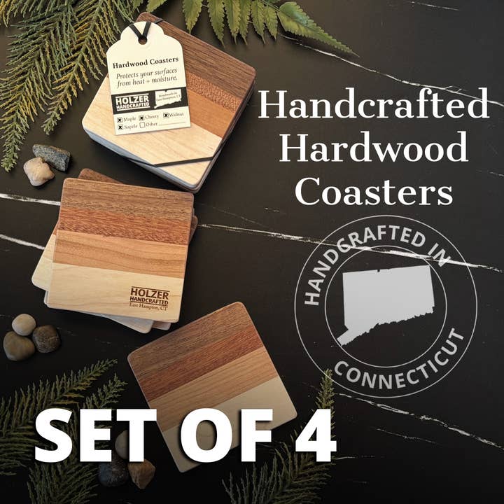 Set of 4 Handcrafted Hardwood Coasters - Customized, Retail-Ready - Maple, Walnut, Cherry, Sapele for wholesale by Holzer Handcrafted ®