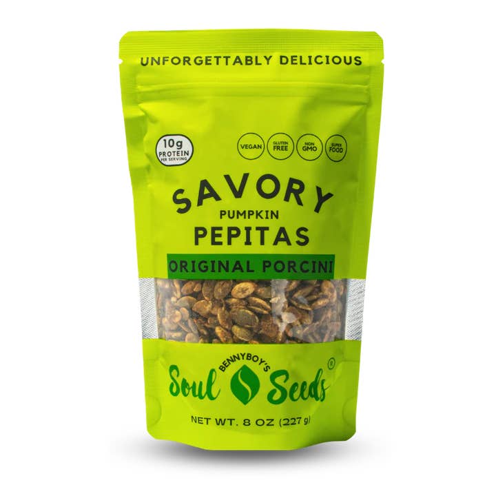 Soul Seeds - Savory Pepitas - Original Porcini 8oz for wholesale by BennyBoy's Soul Seeds