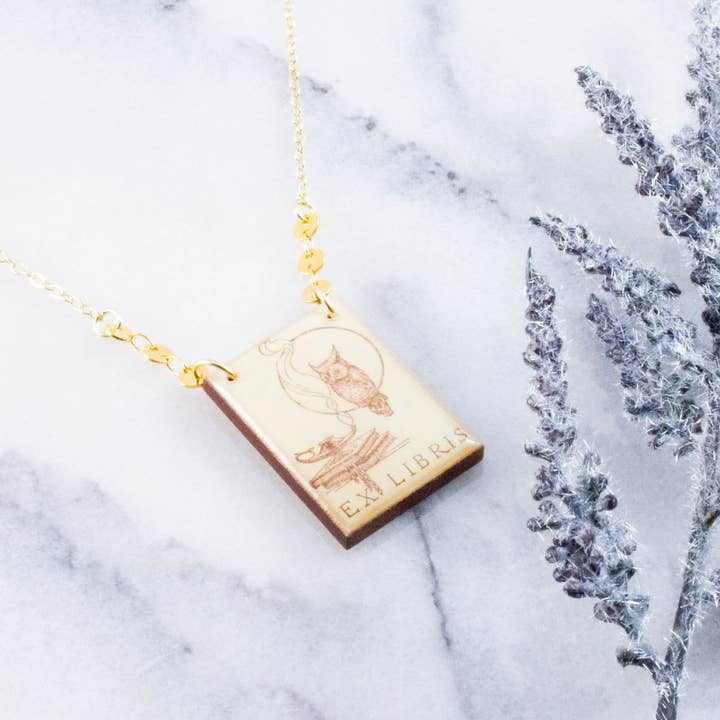 Vintage Owl Ex Libris Bookplate Necklace for wholesale by No Man's Land